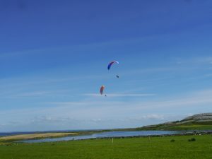 Yellow paraglider and blue paraglider flying over blue lake. Swans in lake.